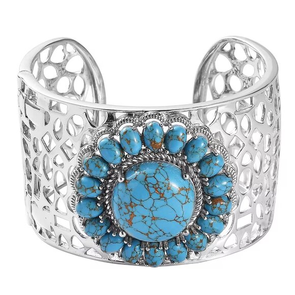 Genuine Mojave Blue Turquoise Gemstone Cuff Bracelet in Platinum Bond NWT - Picture 3 of 6